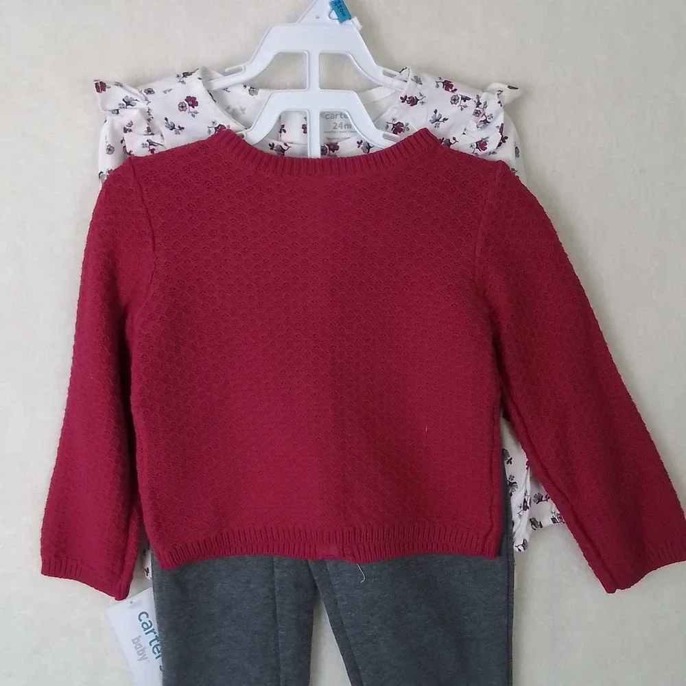 Carter's Baby 3-Peice Sweater Set Size 24mo in Pink, Gray, White w/ Flowers‎